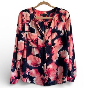New INC Floral Print Button Front Blouse Long Sleeve Office Navy Pink Size 14